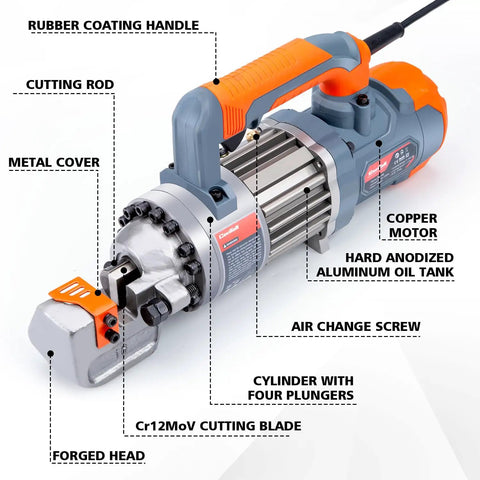 Centall 5/8 Inch Electric Hydraulic Rebar Cutter RC16B Orange cutting head features, copper motor, and rubber coating handle.