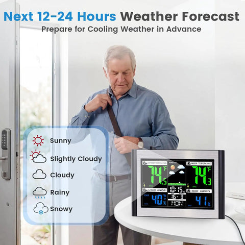 Wireless Indoor Outdoor Weather Station With Color Display Digital Temperature And Humidity Monitor Alarm Clock USB Port Adjustable Backlight 6.1 Inch Screen Easy To Read Interface Black And Silver on table with forecast icons