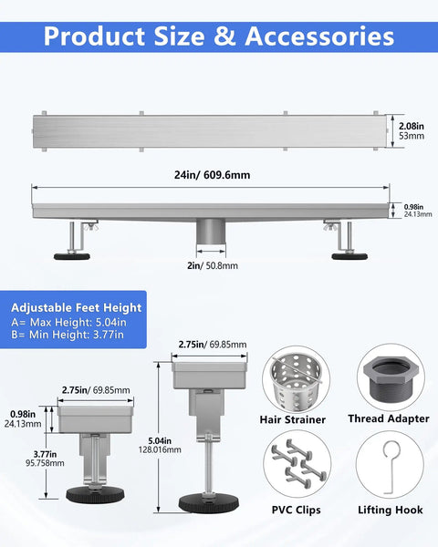 24 Inch Brushed Nickel Linear Shower Drain Built Tough From 304 Stainless Steel That Will Not Rust Up In Wet Bathrooms Features Tile Insert