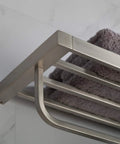 Solid Brass Bathroom Shelf With Towel Bar In Brushed Nickel Finish For Towels Washcloths And Toiletries Heavy Duty Rust Resistant Organizer With Built In Bar And Lifetime Limited Warranty, close-up view