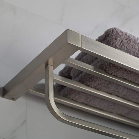 Solid Brass Bathroom Shelf With Towel Bar In Brushed Nickel Finish For Towels Washcloths And Toiletries Heavy Duty Rust Resistant Organizer With Built In Bar And Lifetime Limited Warranty, close-up view