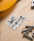 Top Notch Two Piece Stainless Steel Barn Door Roller Hardware With Foolproof Wall Mounted Track And Heavy Duty Wheels For Tight Rooms And Hassle Free Install with durable wheels and bracket.
