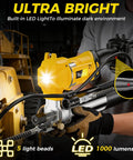 12800 PSI Cordless Grease Gun Workhorse With 39.4 Inch Hose One Hand Operation LED Light Three Couplers Tool Only Battery Not Included Compatible With 20V Batteries For Bulk And Cartridge Grease, shown in use with LED light on in dark environment.