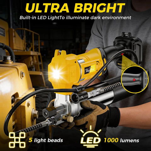 12800 PSI Cordless Grease Gun Workhorse With 39.4 Inch Hose One Hand Operation LED Light Three Couplers Tool Only Battery Not Included Compatible With 20V Batteries For Bulk And Cartridge Grease, shown in use with LED light on in dark environment.