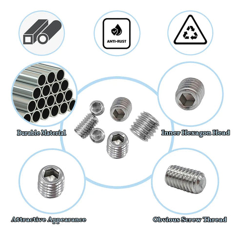 60 Piece Set Of Allen Head Grub Screws M3 To M8 In Stainless Steel Pro Grade For Home Repair Door Lock Install Furniture Fix Electronics DIY Projects And More 12 Sizes, screws shown with material and design features