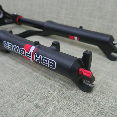 Close-up of Beefy 20 Inch Fat Tire Front Fork With Air Suspension for E Bike and MTB, showing double shoulder and disc brake readiness.