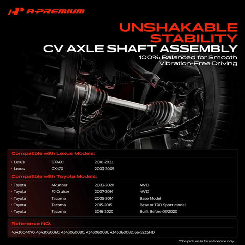 Tough Front CV Axle Shaft Assembly With Heavy Duty Thermoplastic Boots Delivers Dang Smooth Power Transfer for Toyota vehicles.