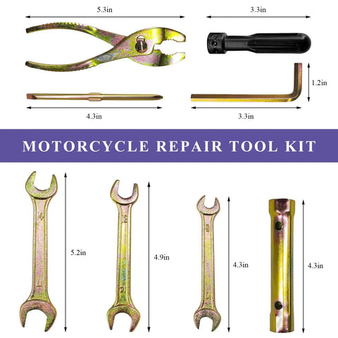 On The Go 7 Piece Motorcycle Repair Tool Kit With Wrench Pliers And Screwdrivers For Emergency Roadside Fixes And Quick Basic Bike Repairs Anywhere Any Weather displayed with tool dimensions