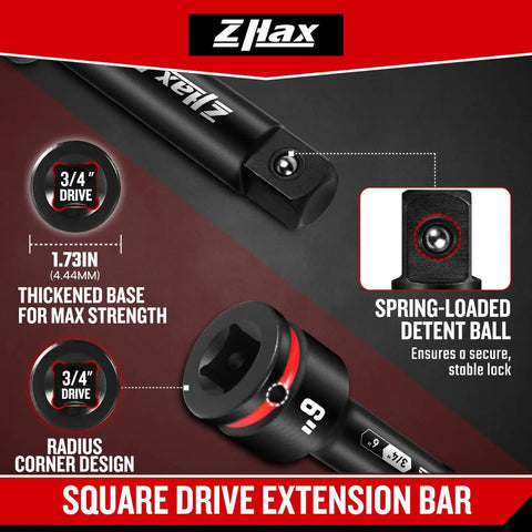 Three Quarter Inch Drive Impact Extension Bar Set With 4 Inch 6 Inch And 10 Inch Lengths, CR-MO Steel Socket Extensions For Auto And Industrial Repair, Durable Embossed Size Markings For Quick Reading And Easy Use, 3/4 drive square extension bar with detent ball
