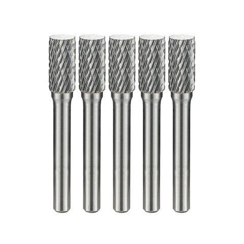 Five Piece Tungsten Carbide Burr Rotary File Set Cylindrical Shape Three Eighths Inch Cutter Diameter With One Quarter Inch Shank