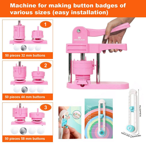 Awesome Vibrant Pink Button Maker Press With Three Size Dies And One Fifty Pcs Badge Supplies for various badge sizes usage.