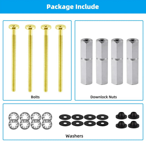 Rock Solid Universal Toilet Seat Bolt Kit includes four heavy duty brass fasteners, metal nuts, and rubber washers in a complete replacement kit.