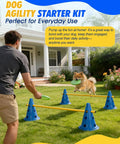 Dog Agility Cone Set With 12 Inch Hurdle Cones in backyard, dog jumps over height adjustable crossbars during practice.