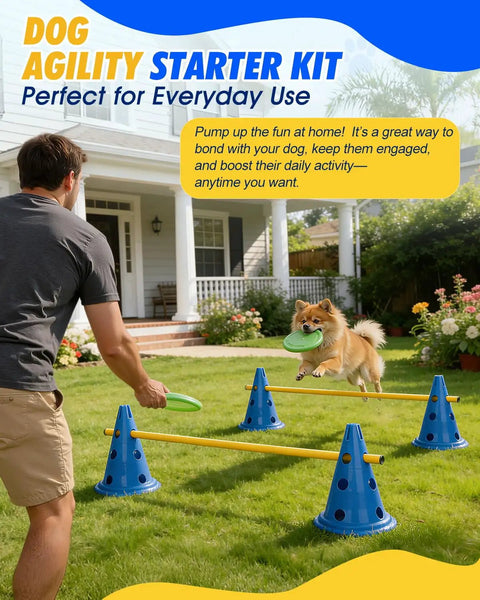 Dog Agility Cone Set With 12 Inch Hurdle Cones in backyard, dog jumps over height adjustable crossbars during practice.