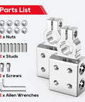 Parts list for Rig Ready 8 Way Battery Terminal Connector Pair with nuts, studs, screws, and wrenches.
