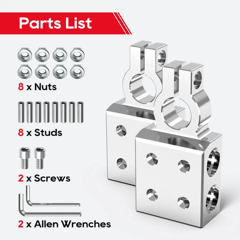 Parts list for Rig Ready 8 Way Battery Terminal Connector Pair with nuts, studs, screws, and wrenches.