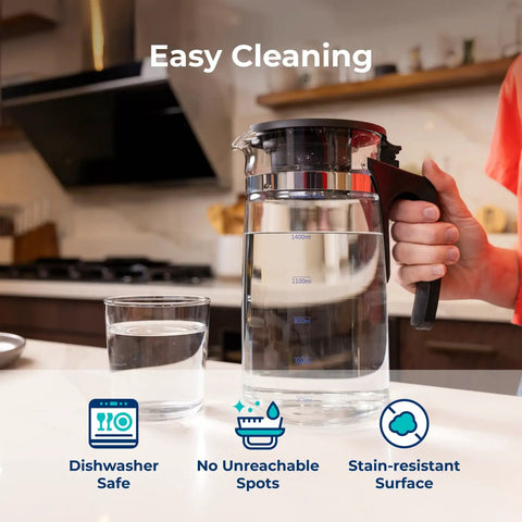 Replacement Carafe For Ropot100 Countertop Water Purifier, 1700ml RO Filter Jar in use on kitchen counter, easy cleaning features