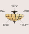 Cream And Black 16 Inch 2 Light Iron And Glass Semi Flush Mount Ceiling Fixture With Tiffany Style Artisanal Scalloped Glass Bowl LED Bulbs Included For Bedroom Hallway showing Tiffany glass shade and features