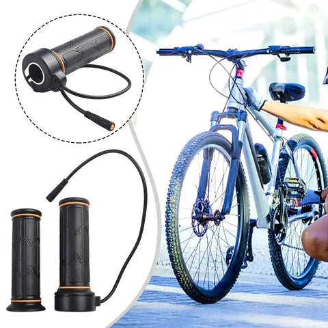Full Twist Throttle For BBS01 And BBS02 HD E Bike Electric Mid Drive Motor 12 To 72V Automatic Voltage Detection Heavy Duty Metal Build Super Durable Grip That Handles All Rides Like A Champ. black rubber e-bike full twist throttle with cable, shown on handlebar