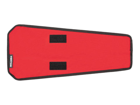 Flat view of red angle head wrench pouch with twelve pockets for 8 to 19 millimeter wrenches and size markings, durable material.