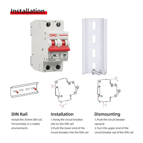 DC Miniature Circuit Breaker 2 Pole 1000V 32A Isolator For Your Solar PV Rig With Thermal Magnetic Trip, DIN Rail Mount MCB Disconnect Switch For Quick, Clean Power Distribution Overload And Short Circuit Protection. DIN rail mounting parts