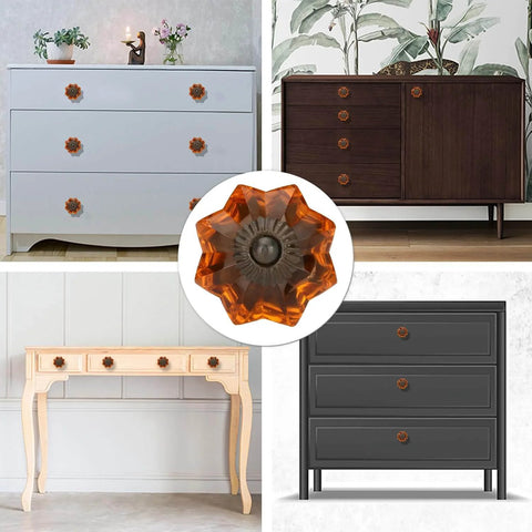 Amber Crystal Knob Set For Cabinets And Drawers By Perilla Home Handmade Vintage Glass Cabinet Hardware shown on dressers.