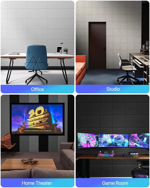 Self-Adhesive Soundproof Wall Panels 18 Pack Square Acoustic Foam Panels For Walls Home Office And Recording Studio Pro Grade High Density Noise Reduction 12 X 12 X 0.4 Inches Black in various settings including office, studio, home theater, and game room.