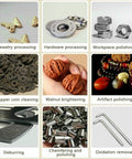 Image showcasing applications of Heavy Duty 3.5L Vibratory Tumbler Polisher, including jewelry, hardware, and artifact polishing.