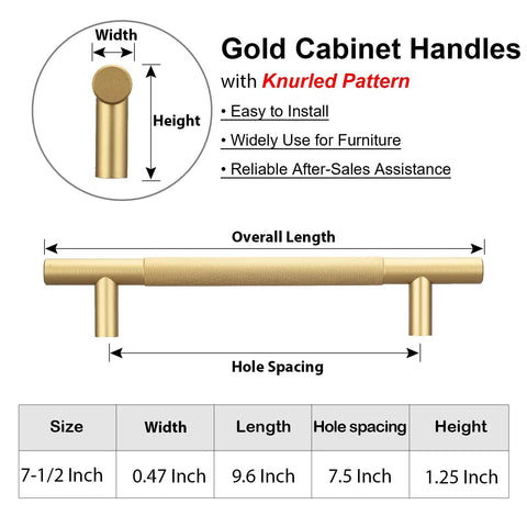 Gold knurled cabinet handle with dimensions chart, showing overall length and hole spacing measurements.