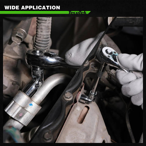 One Quarter Inch Drive Universal Joint Socket Set With Swivel Heads Six Point SAE Three Sixteenths To Nine Sixteenths Inch And Metric Five To Fifteen Millimeter CR-V Steel Flex Sockets For Easy Access In Tight Spaces used on engine bolts
