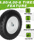 Angled front view of a wheelbarrow tire on a white steel wheel, size 4.80/4.00-8 with 3" hub.