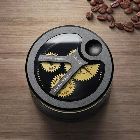 Top Shelf 54Mm Spirographic WDT Tool Espresso Coffee Distribution rotary gear driven, black aluminum design with visible gears.