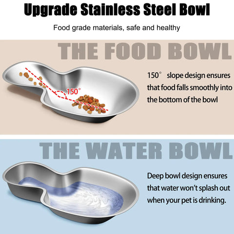 Upgrade Stainless Steel Bowl set featuring food bowl with 150° slope and deep water bowl design for pets.