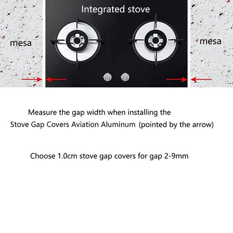Diagram showing installation of Stove Gap Cover 2 Pack Aluminum Kitchen Gap Filler for Cooktop Edges with measurement arrows.