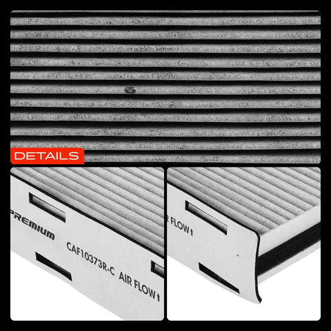 Close-up of the Premium Activated Carbon Cabin Air Filter for Volkswagen and Audi, highlighting filter texture and airflow direction.