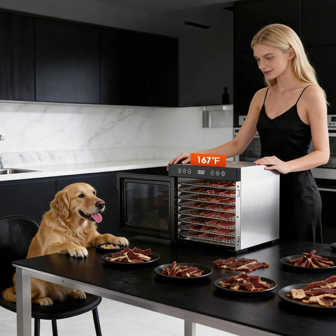 Heavy Duty Food Dehydrator With 650 Watt Motor And Eight Stainless Steel Trays featuring dried dog treats on countertop.