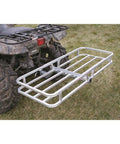 Lightweight Aluminum Hitch Cargo Carrier For ATVs And UTVs Small Utility Trailer attached to an ATV on grass