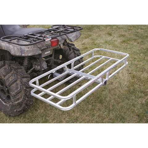 Lightweight Aluminum Hitch Cargo Carrier For ATVs And UTVs Small Utility Trailer attached to an ATV on grass