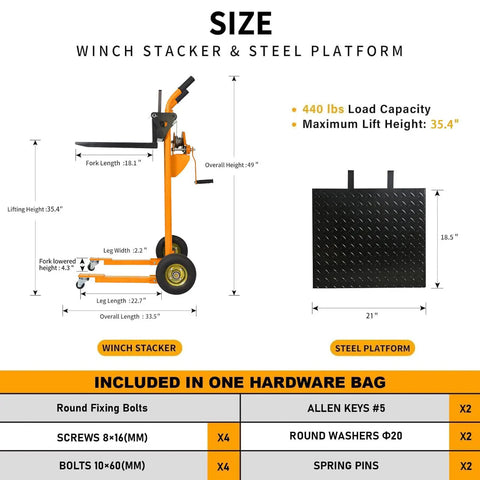Heavy Duty Winch Stacker And Hand Truck Duo Moving Pallets And Gear Up To Thirty Five Inches High With Smooth Rollers Built For No Sweat Loading On Busy Garages And Tough Job Sites