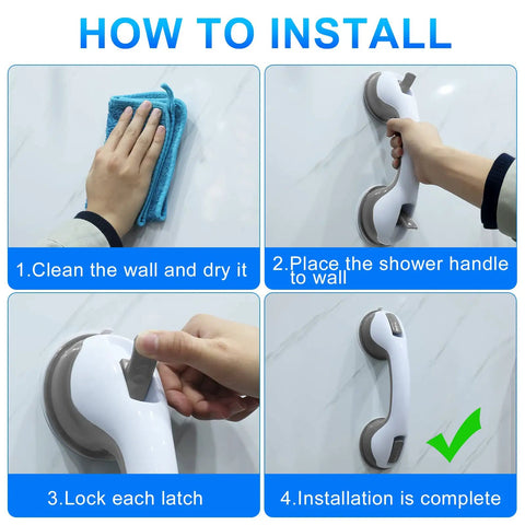 4-step installation of 2 Pack 12 Inch Grab Bars With Strong Hold Suction Cup Grip For No Slip Shower And Bath Safety In Grey Matte Plastic.