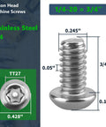 Built Like A Tank 1/4 20 X 3/4 Inch Torx Security Machine Screws Made From Quality 304 Stainless Steel with measurements shown.