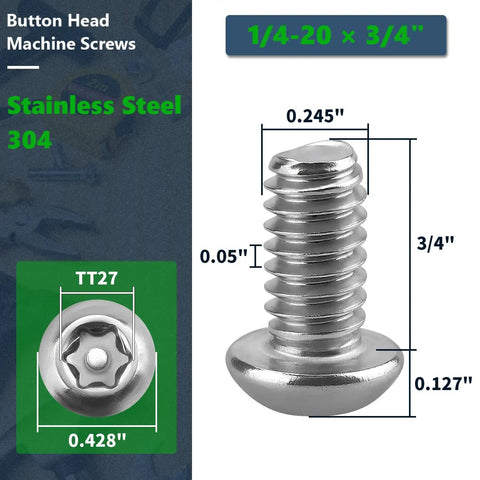 Built Like A Tank 1/4 20 X 3/4 Inch Torx Security Machine Screws Made From Quality 304 Stainless Steel with measurements shown.