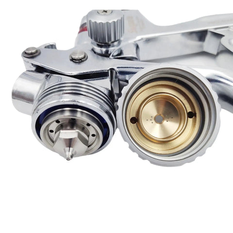 Professional Grade Automotive Spray Gun Bad Boy High Atomization Topcoat Applicator With 1 3 Mm Nozzle close-up of nozzle and cup.