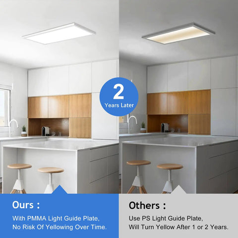 Comparison of LED panels in kitchen showing 1x2 Ft LED Flat Panel Light Flush Mount with no yellowing vs yellowing competitor after 2 years.