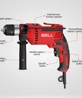 Powerhouse 650W Impact Drill With Keyless Chuck And 115 Piece Handyman Kit For Woodworking Concrete Drilling And Metal Jobs, highlighted features.