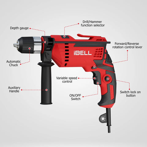 Powerhouse 650W Impact Drill With Keyless Chuck And 115 Piece Handyman Kit For Woodworking Concrete Drilling And Metal Jobs, highlighted features.