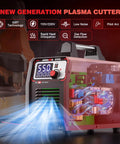 55 Amp Plasma Cutter With Non Touch Pilot Arc Dual Voltage 110V/220V LCD Screen IGBT Inverter Cuts Up To Three Quarters Inch 12mm Recommended Post Flow Cooling Mesh Cut 2T/4T Trigger Modes Perfect For Your Home Garage Metalworking Projects, showing front and side view with LCD screen and internal components