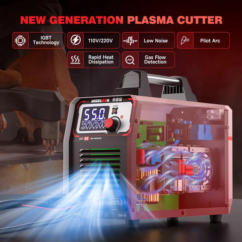 55 Amp Plasma Cutter With Non Touch Pilot Arc Dual Voltage 110V/220V LCD Screen IGBT Inverter Cuts Up To Three Quarters Inch 12mm Recommended Post Flow Cooling Mesh Cut 2T/4T Trigger Modes Perfect For Your Home Garage Metalworking Projects, showing front and side view with LCD screen and internal components
