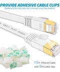 Cat7 Flat Ethernet Cable 15ft White Ultra Fast 10Gbps Shielded STP LAN Internet Network Cable With RJ45 Connectors and clips