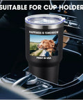 Top Shelf Personalized Stainless Steel Tumbler 30 Oz Double Wall Insulated Travel Coffee Cup With Secure Lid And Reusable Straw Custom Text Or Logo Printing Made In Usa in car cup holder with dog image.